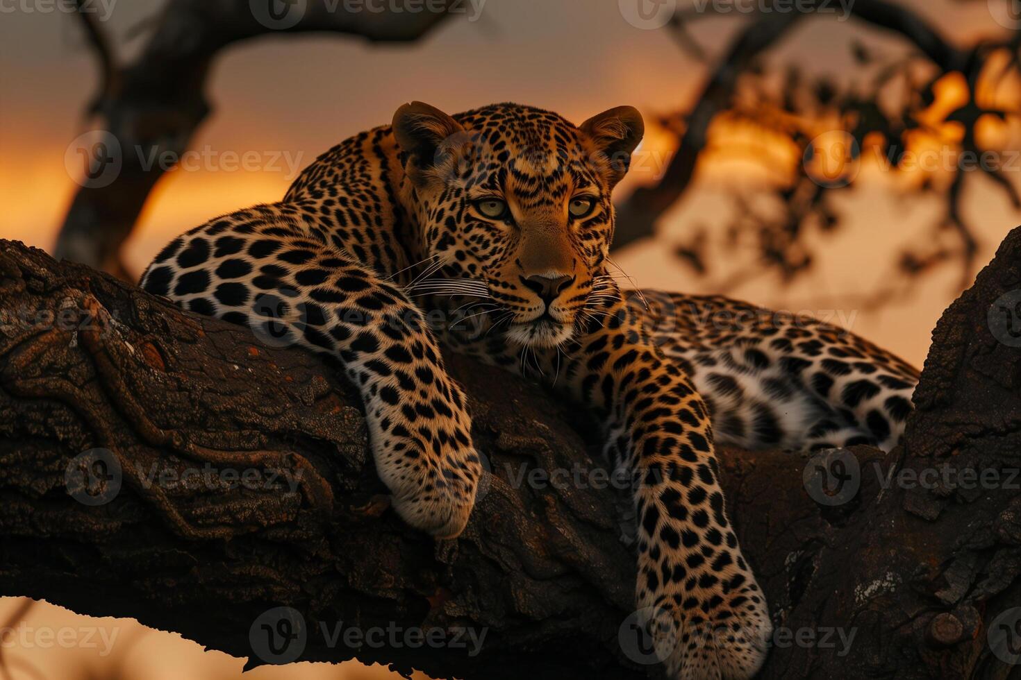 AI generated leopard is lying on tree in the evening.Generative AI photo