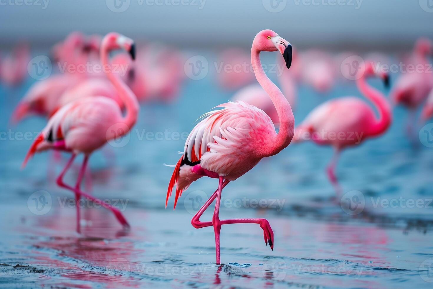 AI generated african flamingos walking around the blue lagoon on a sunny day. Generative AI photo