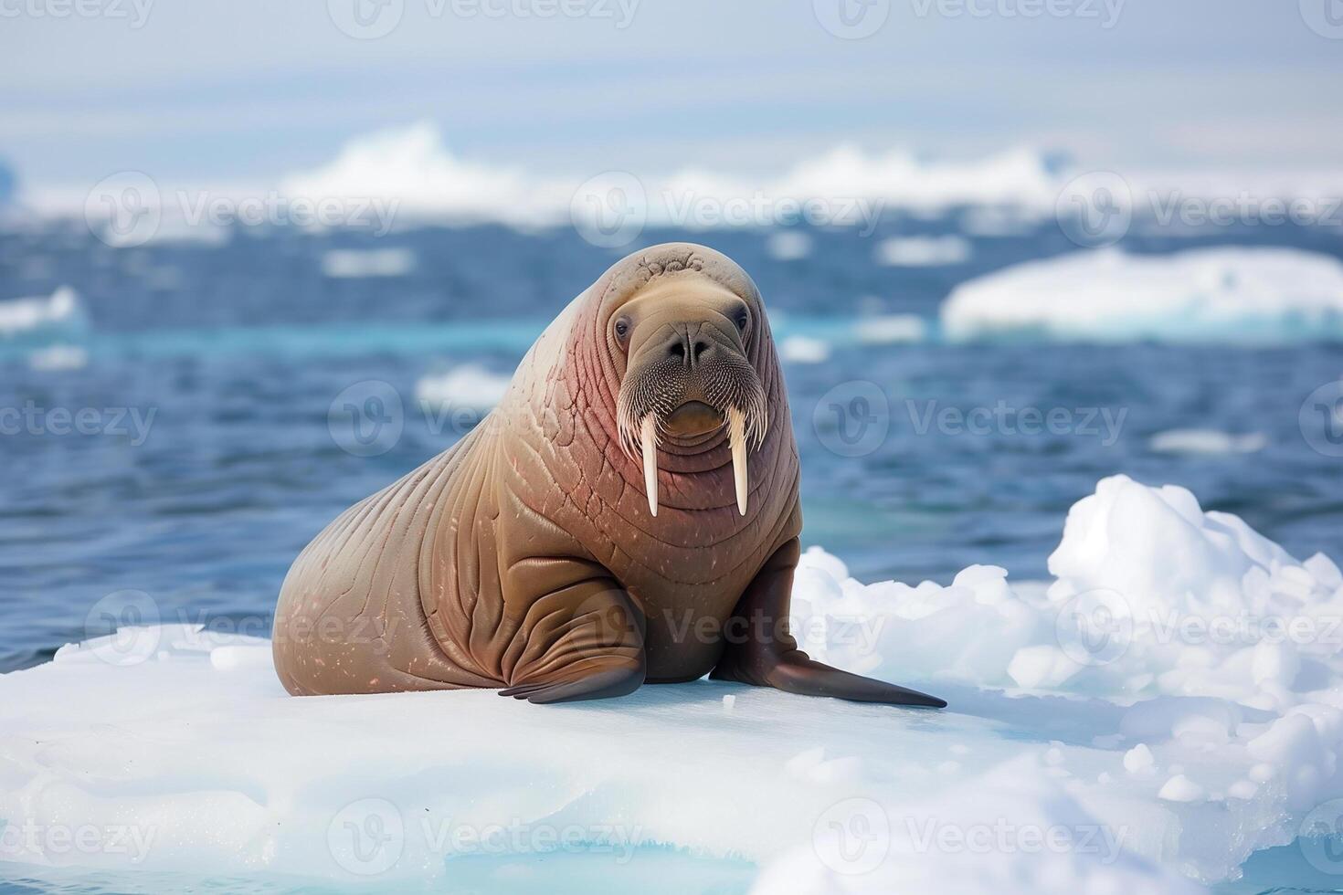 AI generated Giant walrus on ice plate winter landscape .Generative Ai photo