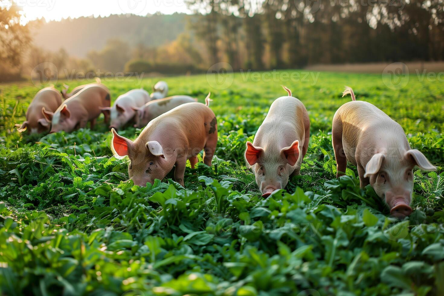 AI generated Free range domestic pigs eating on a meadow.Generative AI photo