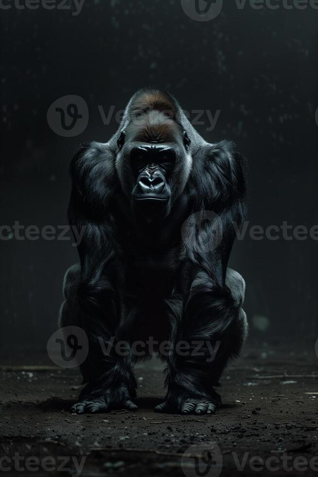 AI generated Portrait dominant male gorilla on black background.Generative Ai photo