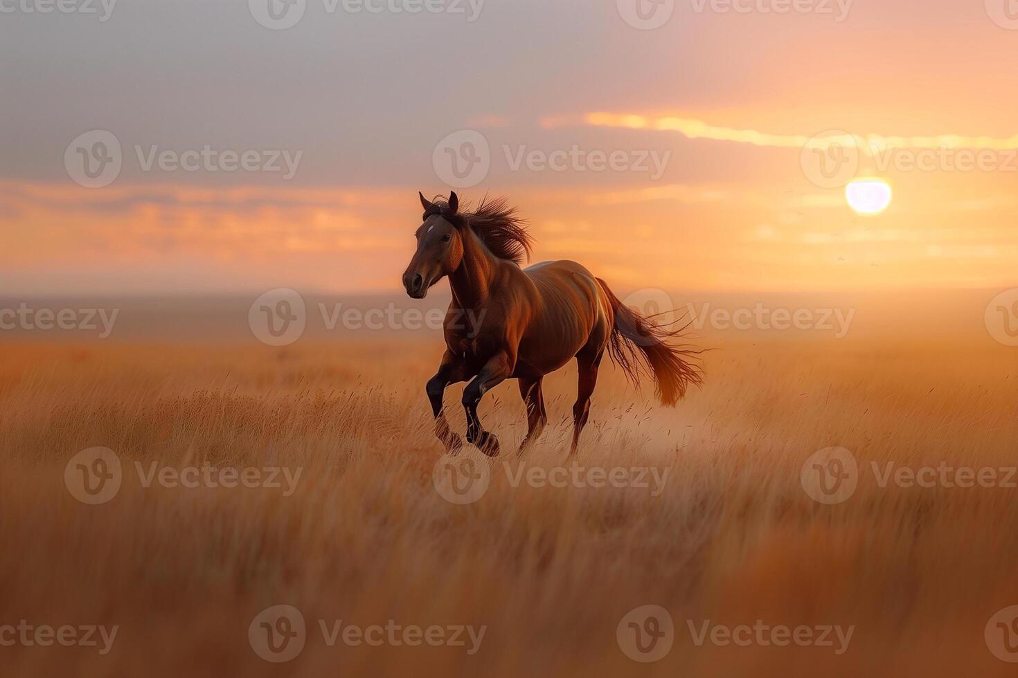 AI generated horses galloping across a field at sunset.Generative AI photo