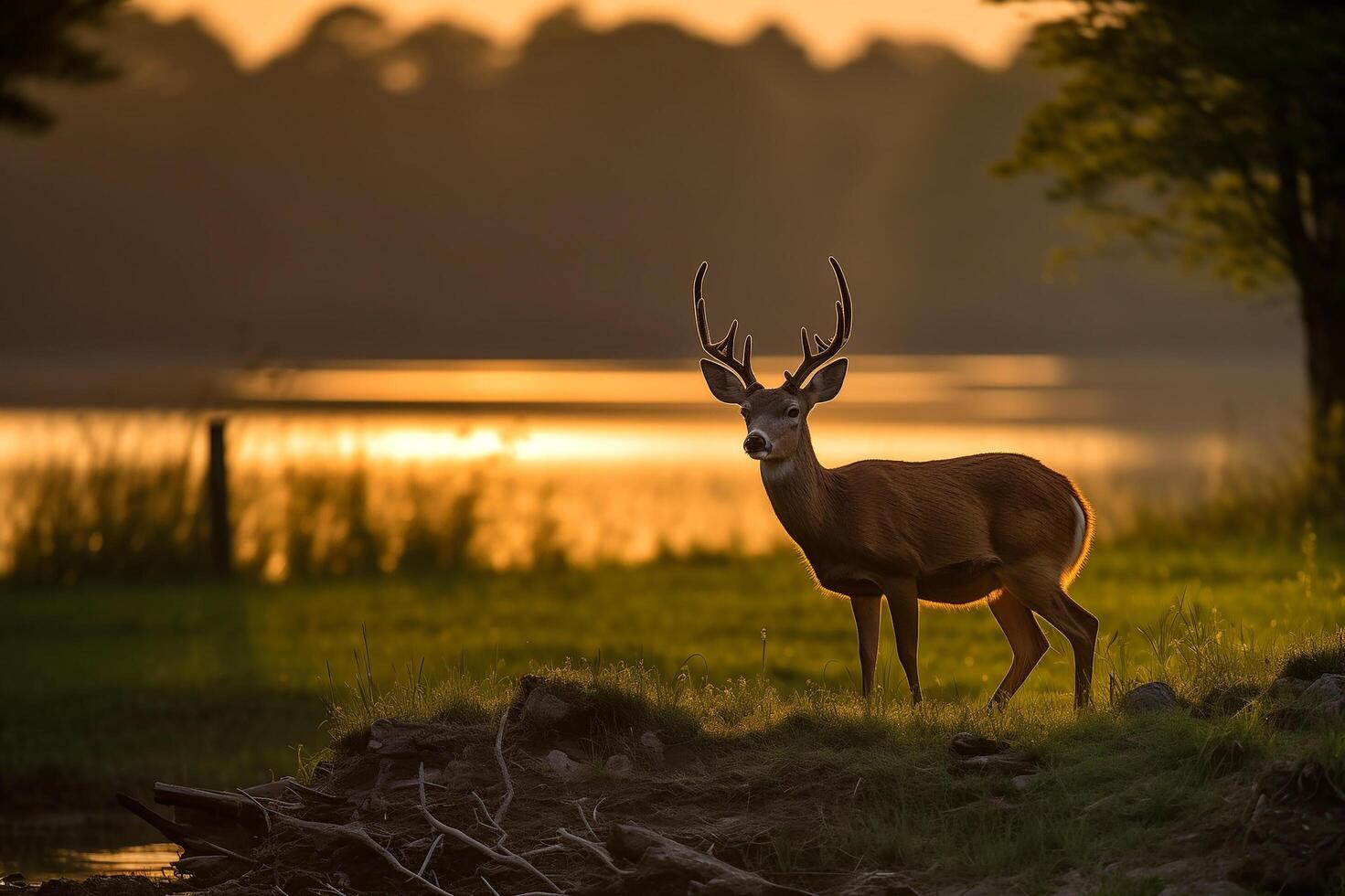 AI generated Beautiful male deer in the forest.Generative Ai photo