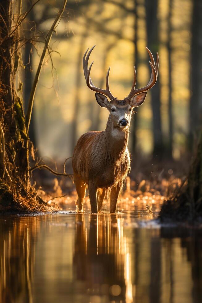 AI generated Beautiful male deer in the forest.Generative Ai photo