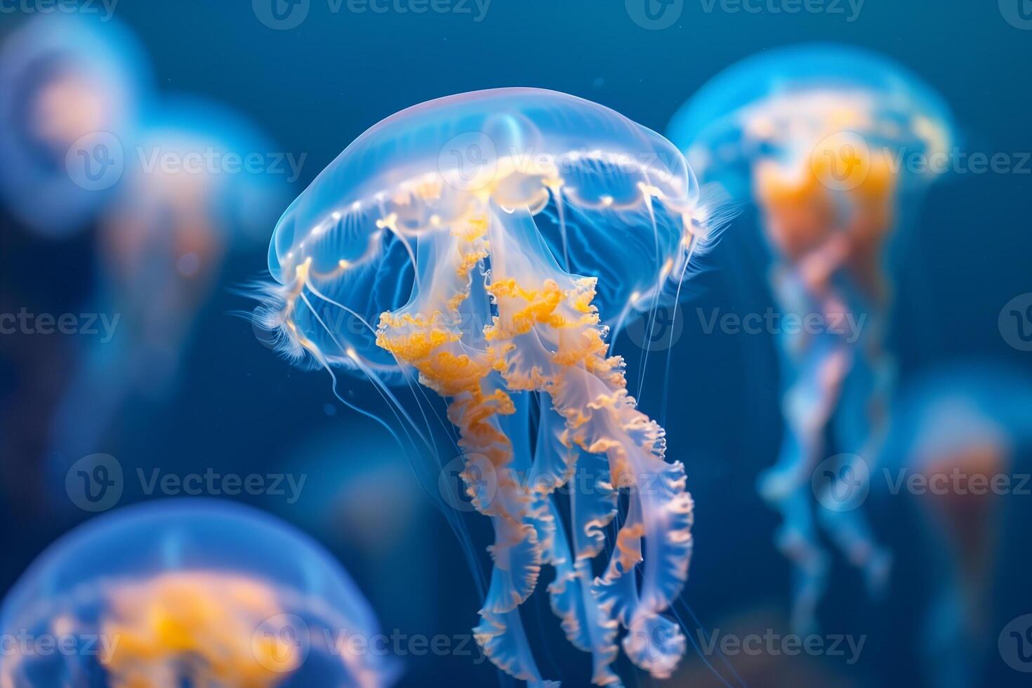 AI generated Glowing jellyfish swiming in deep blue sea.Generative AI photo