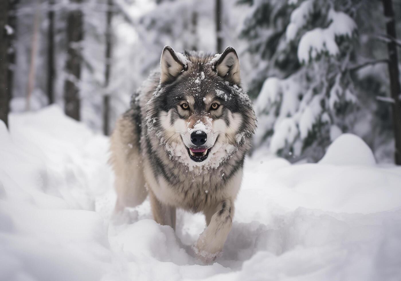 AI generated canadian wolf in winter forest.Generative Ai photo