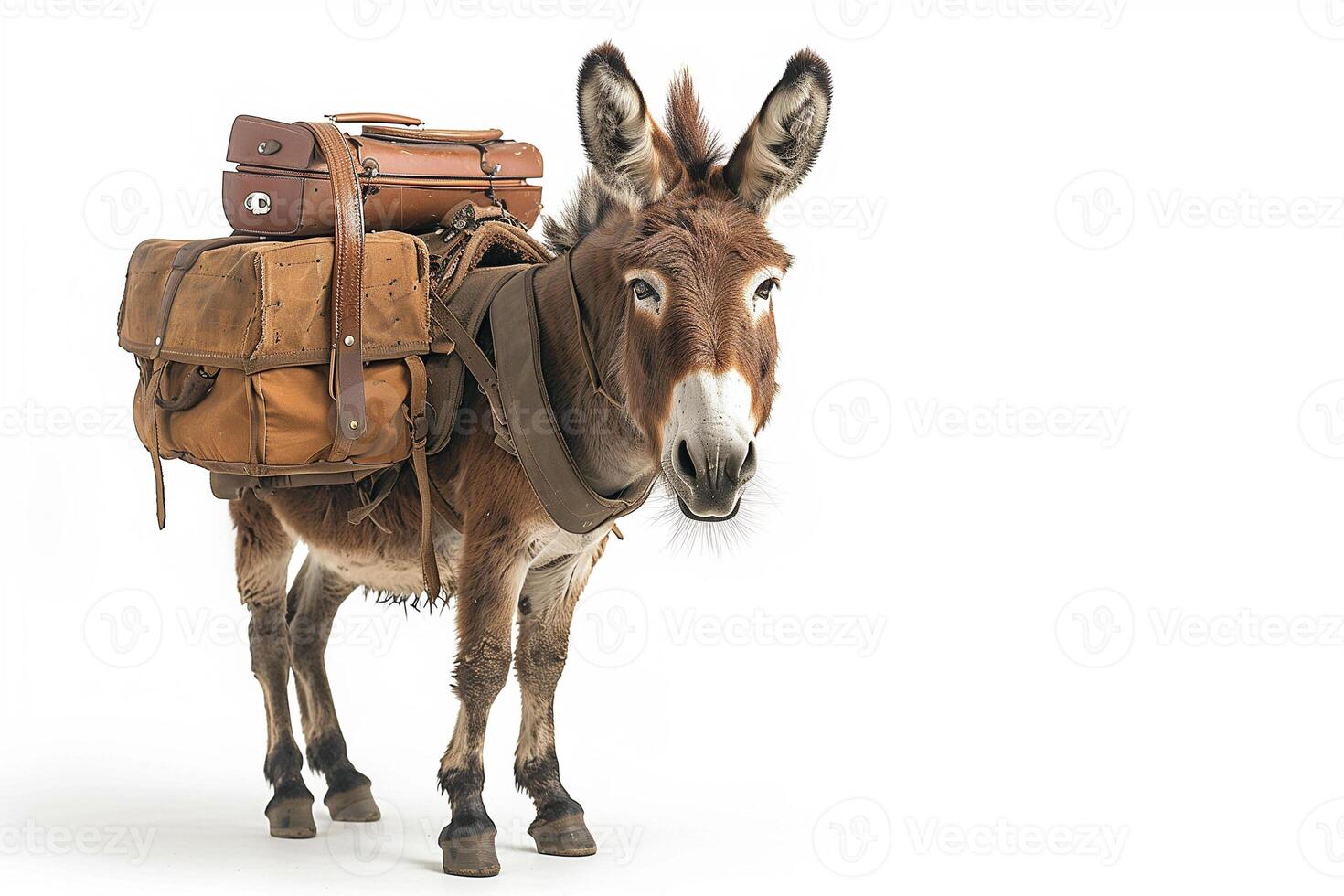AI generated donkey equipped with a seat and luggage isolated on white background.Generative AI photo