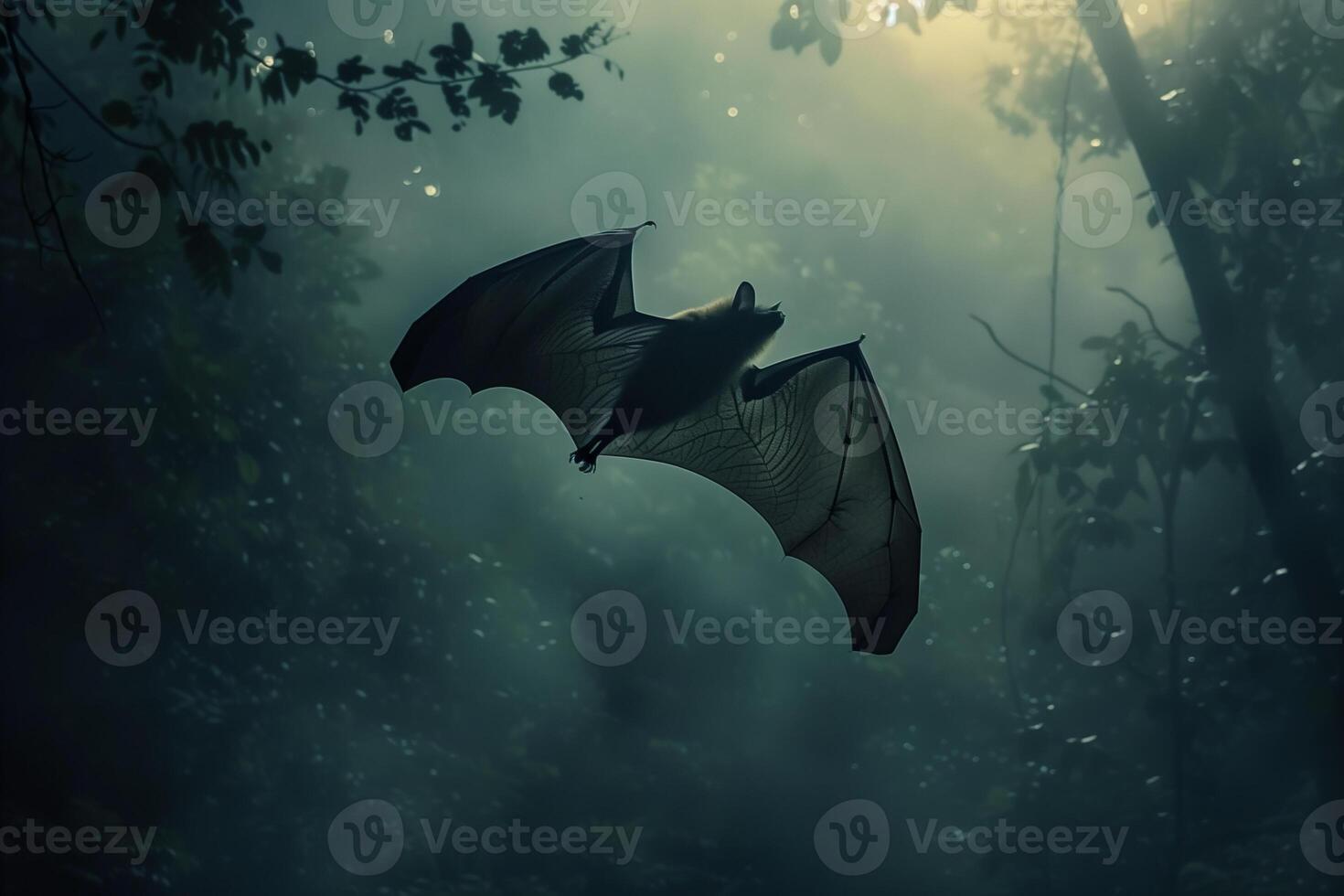 ai generado murciélago volador en oscuro bosque. generativo ai foto