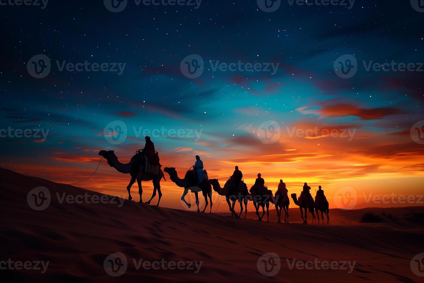 AI generated camel caravans traveling in the desert in sunset.Generative Ai photo