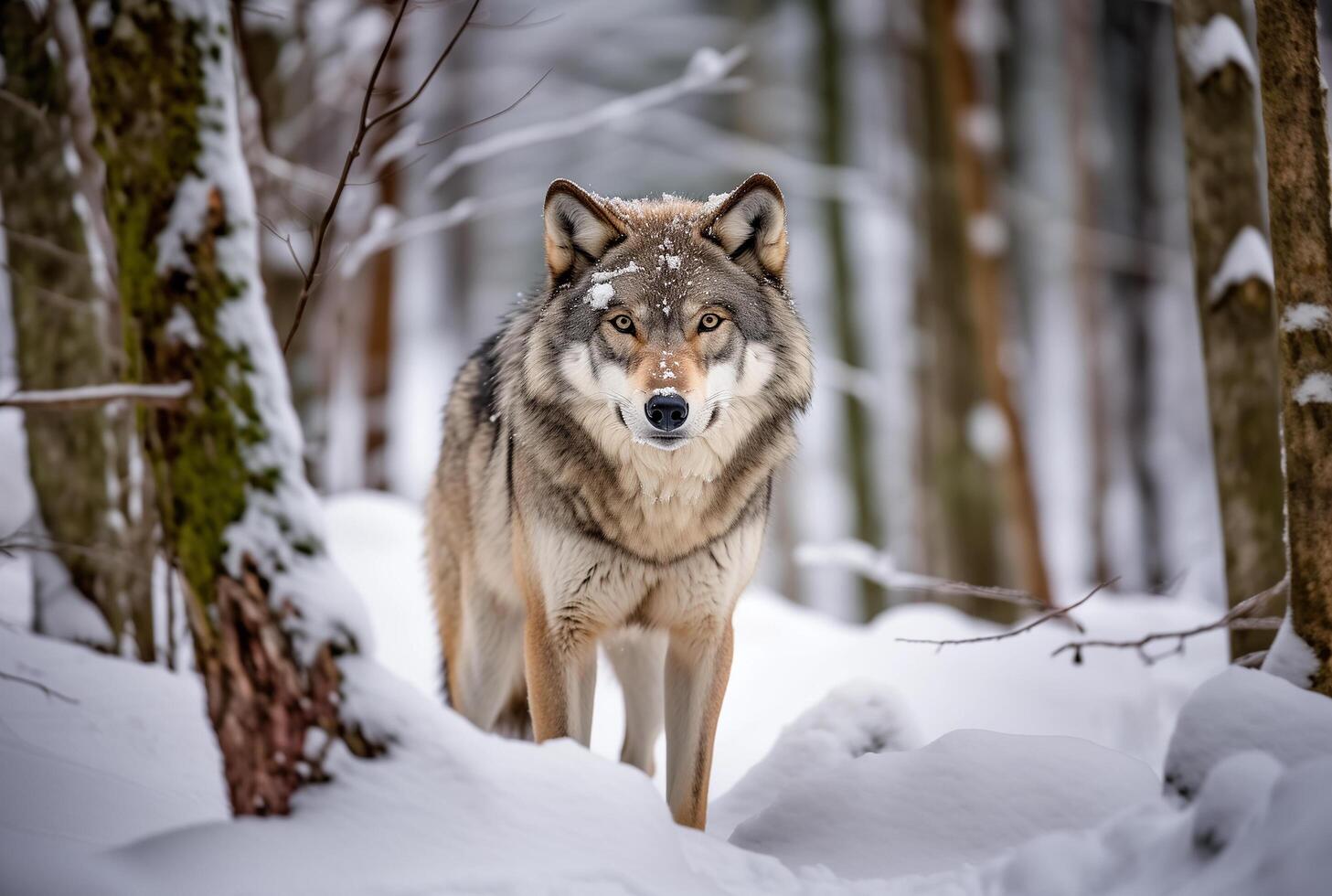 AI generated canadian wolf in winter forest.Generative Ai photo