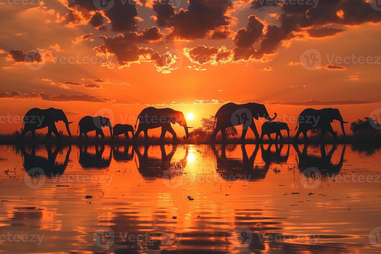 AI generated African elephant family trekking across the river at dusk, silhouetted .Generative Ai photo