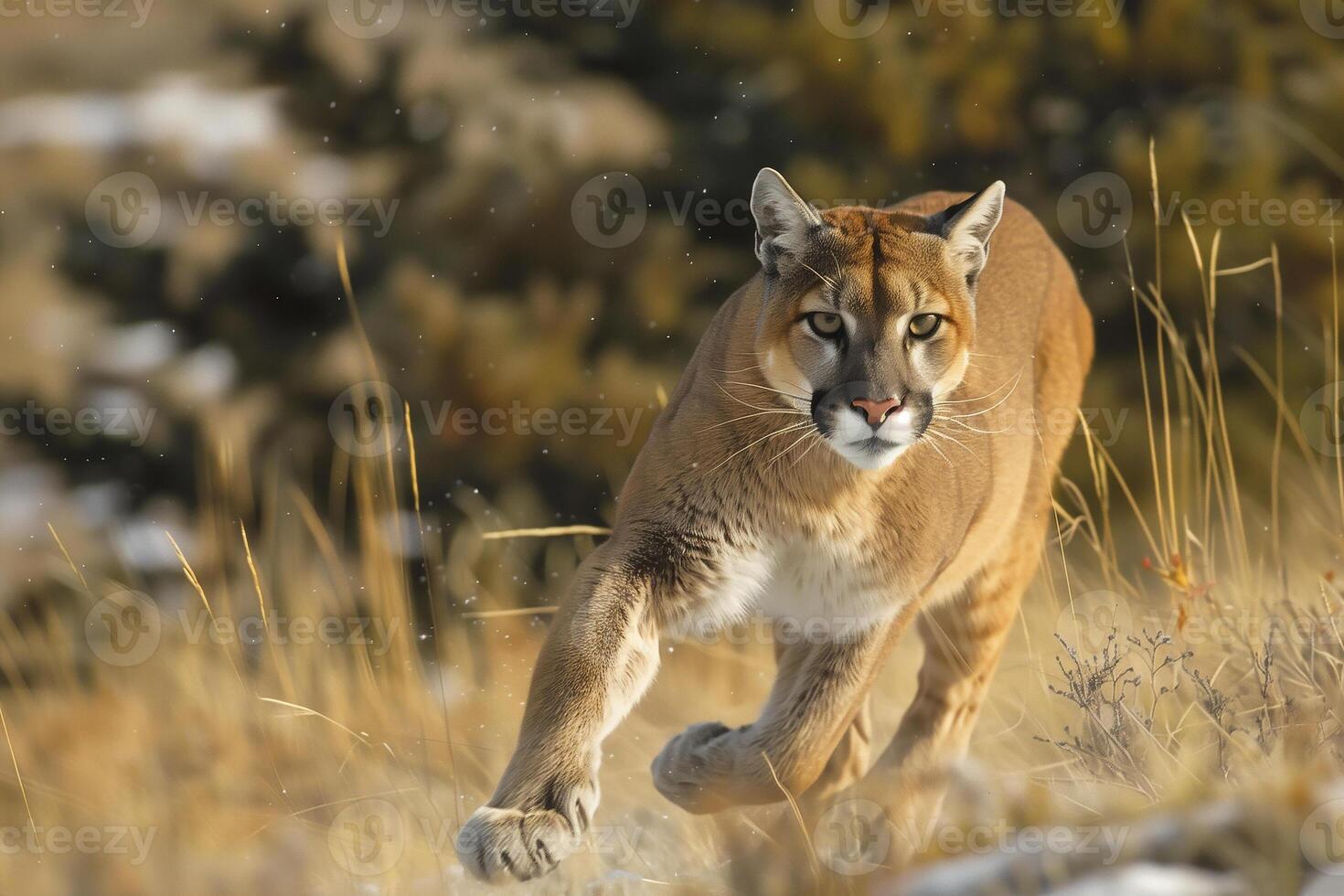 AI generated puma concolor jumping in forest.Generative AI photo