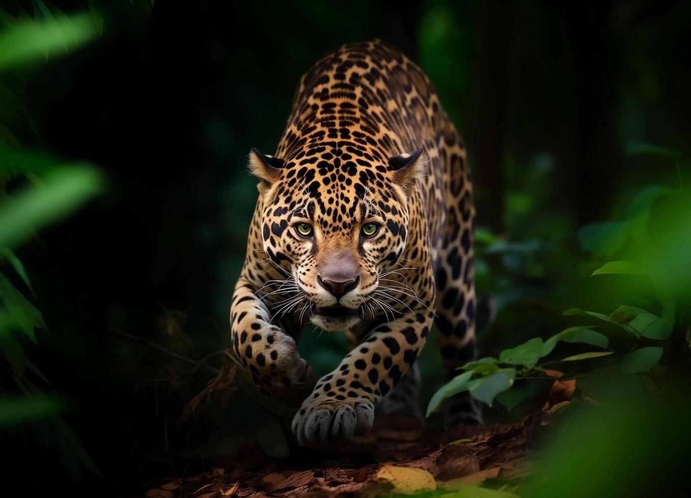 AI generated jaguar in the dark forest.Generative Ai photo