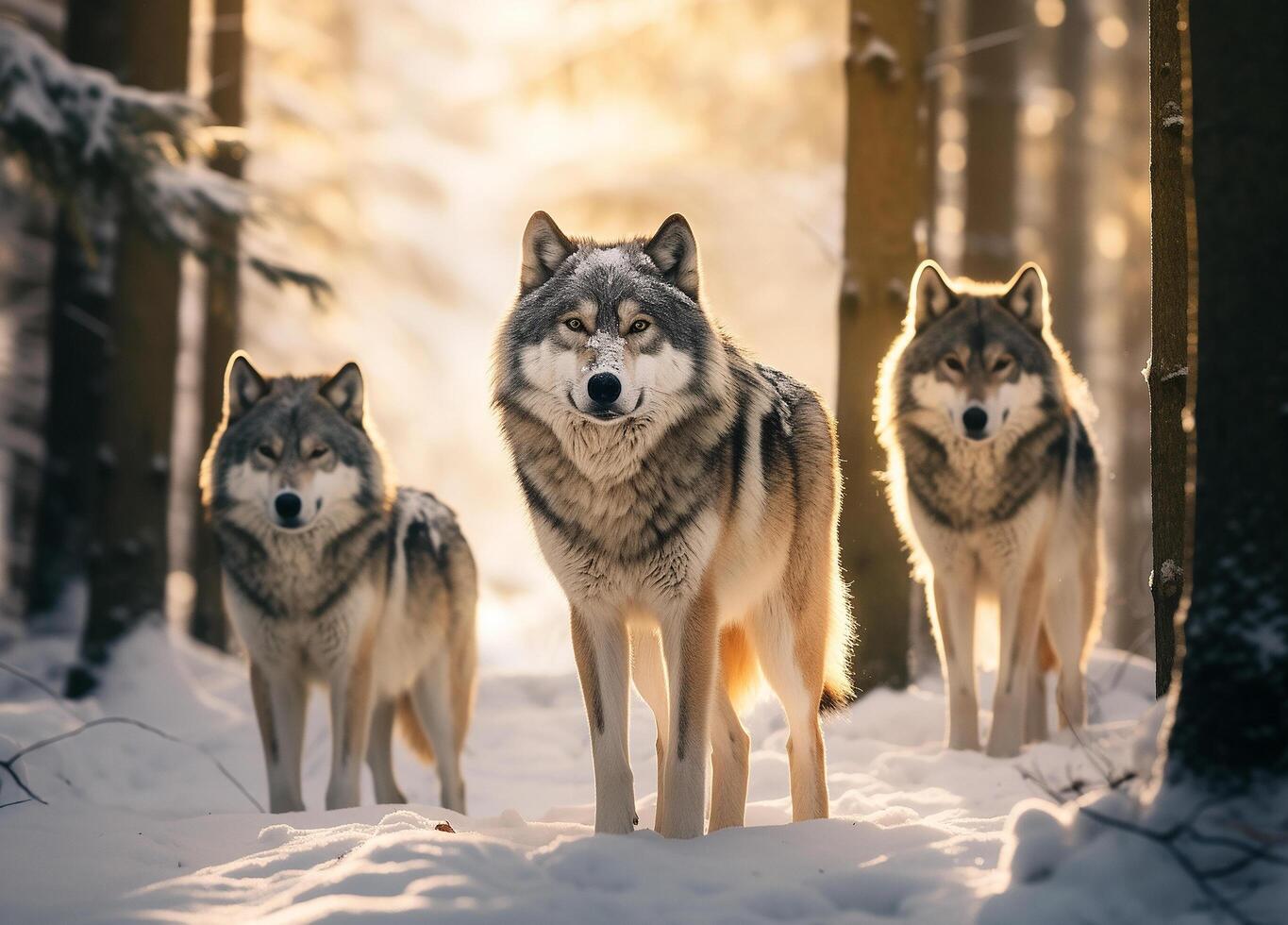 AI generated canadian wolf in winter forest.Generative Ai photo