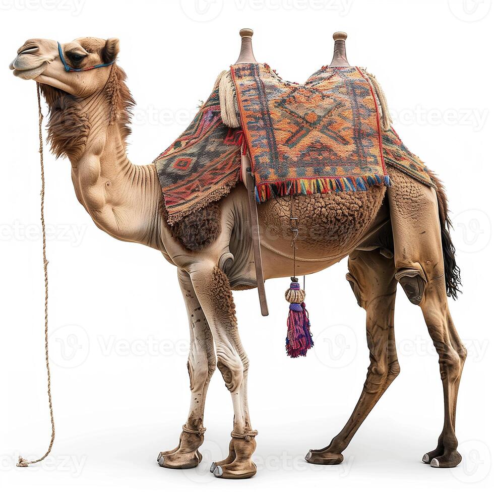 ai generado camello con ensillar y equipaje aislado en blanco fondo.generativo ai foto