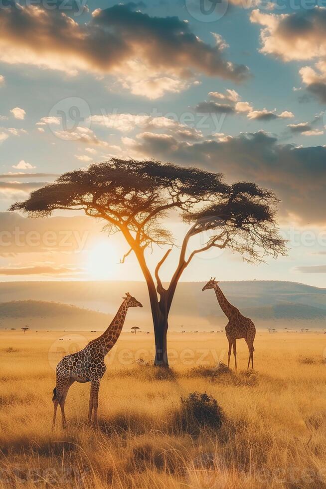 AI generated Giraffe at savanna on sunset sky.Generative Ai photo