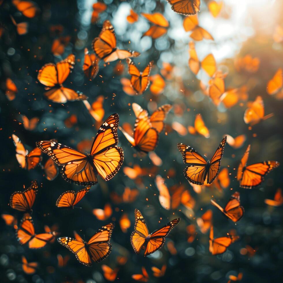 ai generado rebaño de mariposas moscas en bosque con Dom luz.generativa ai foto