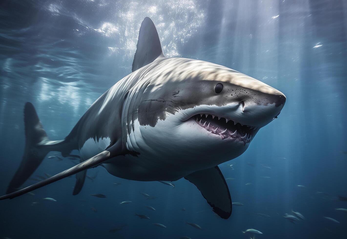 ai generado enorme blanco tiburón en azul Oceano nada debajo agua.generativa ai foto