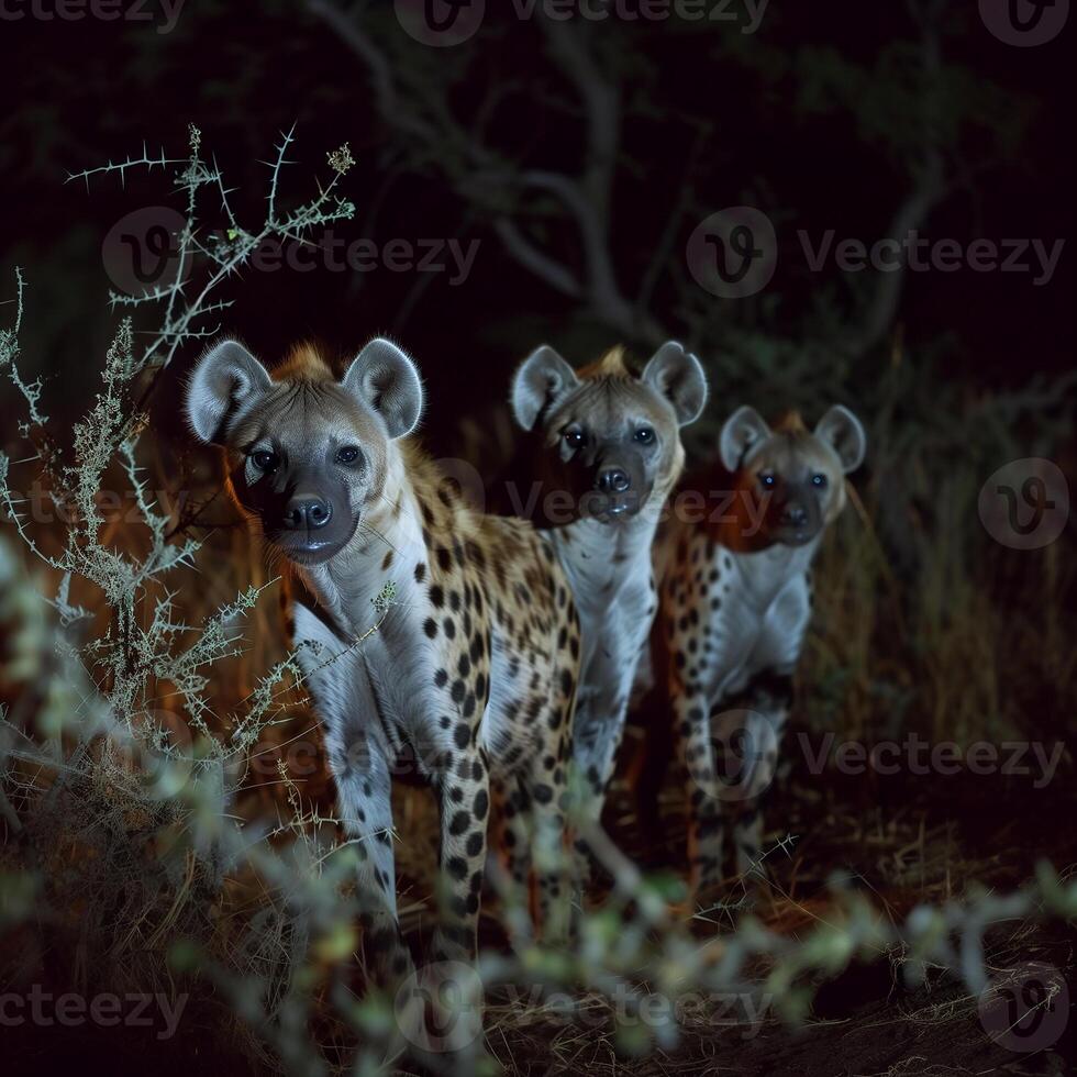 AI generated hyena walking in the bush at night.Generative Ai photo