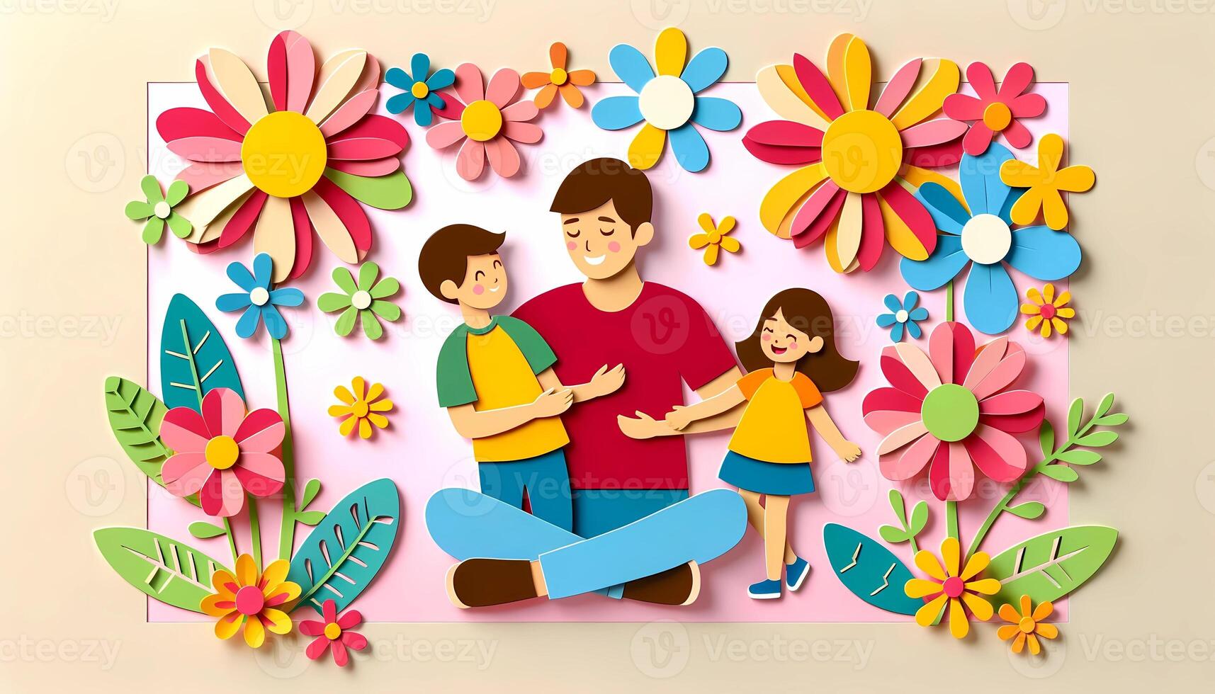 AI generated Father's Day paper cut art origami style of dad and children with flower frame photo