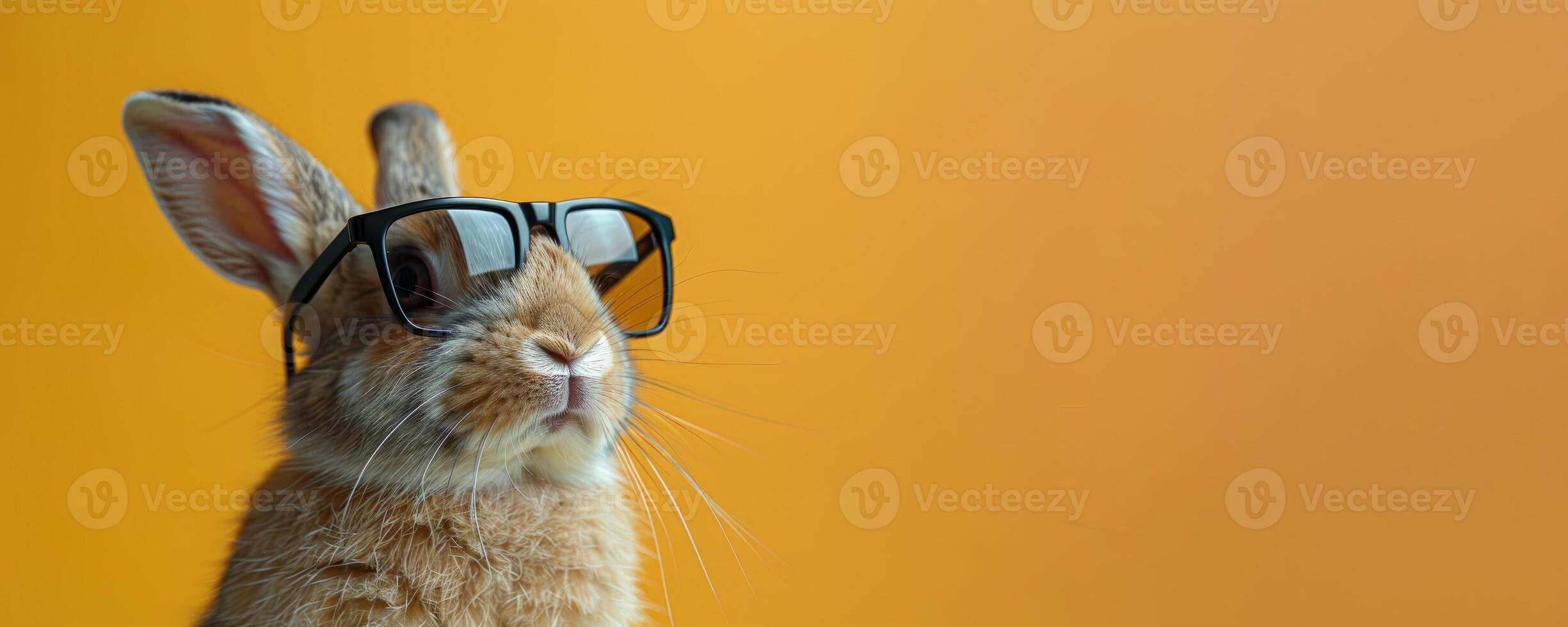 AI generated Close up portrait of a cute brown bunny wearing eyeglasses, isolated on an orange background. Easter concept. photo