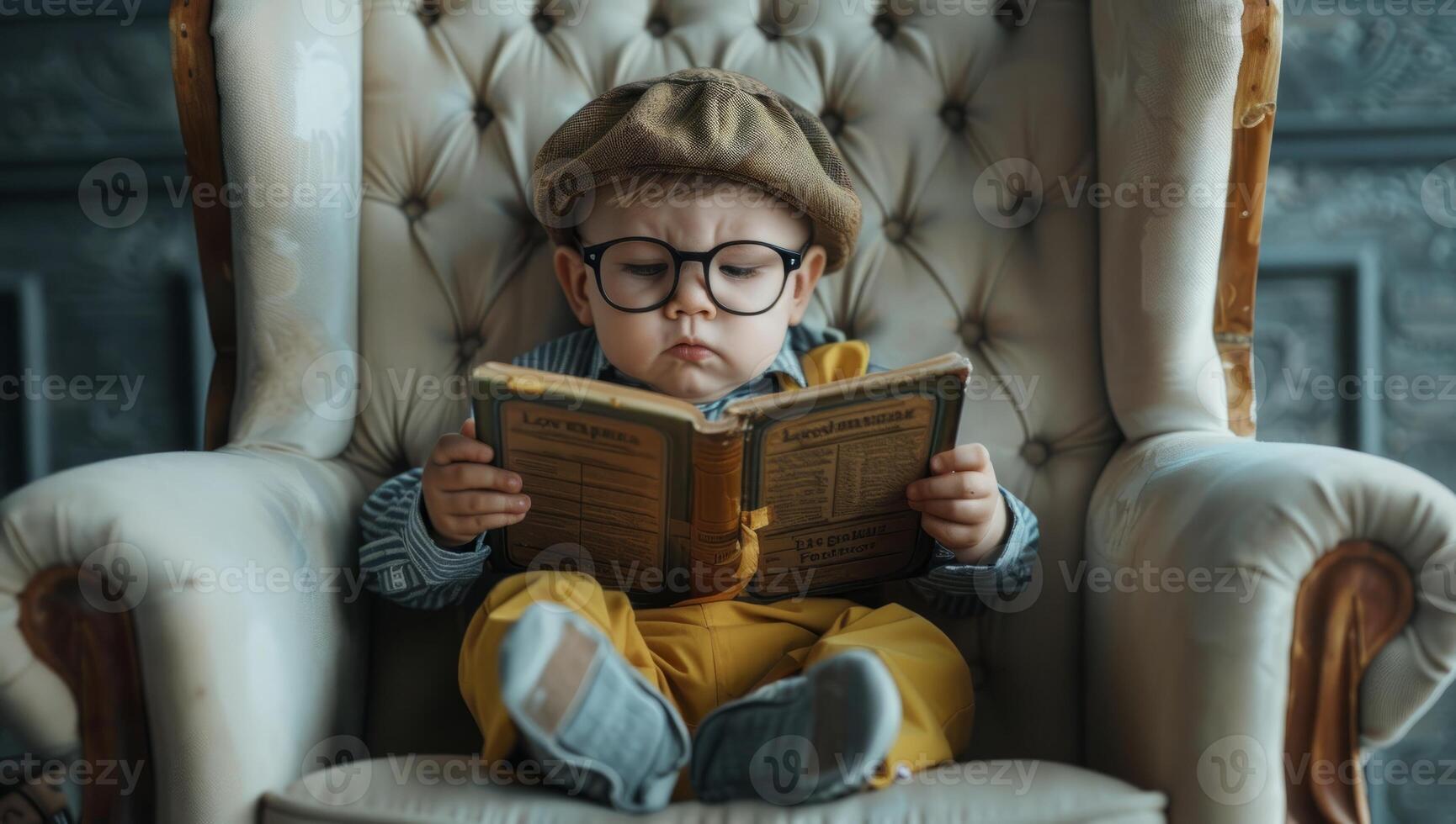 ai generado curioso joven chico leyendo Clásico libro mientras sentado en acogedor sillón. concepto de infancia imaginación, educación, y intelectual desarrollo foto