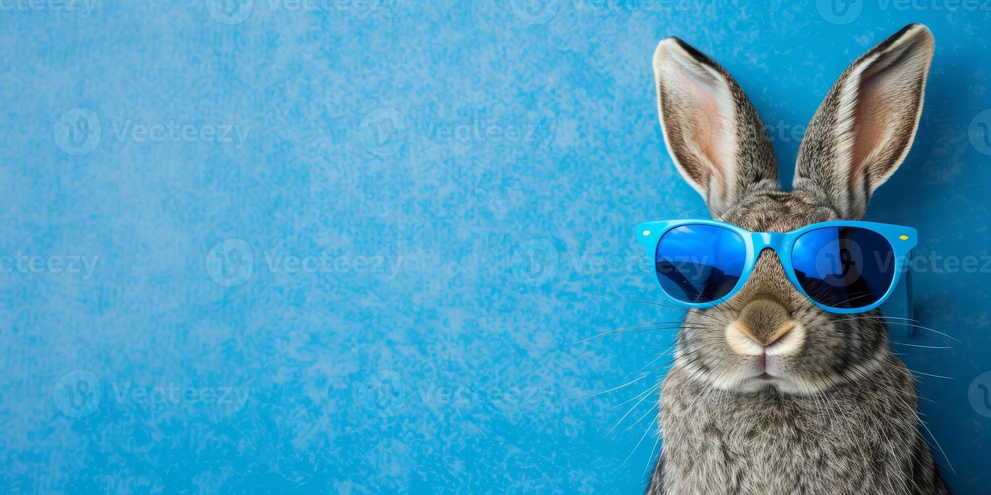 AI generated Close up portrait of a gray bunny wearing blue sunglasses against a blue background. Concept of happy easter and spring. photo