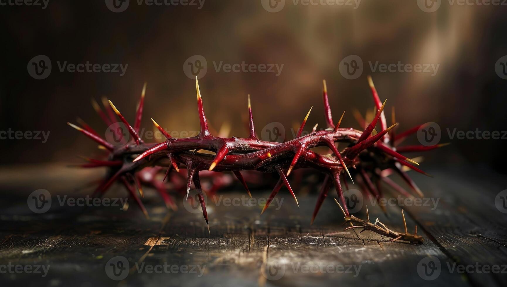 AI generated Red crown of thorns on a wooden background. Symbol of Jesus Christ. photo