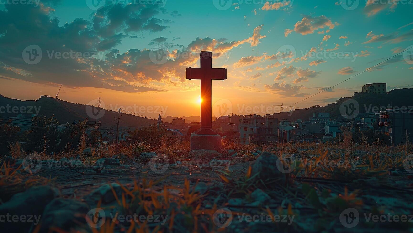 AI generated An old rugged wooden cross stands on a hill at sunset with a beautiful sky full of clouds in the background. The cross is a symbol of Christianity and the resurrection of Jesus Christ. photo