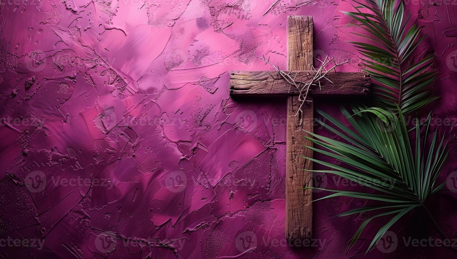 AI generated Wooden cross with palm leaf on grunge pink background. Copy space photo