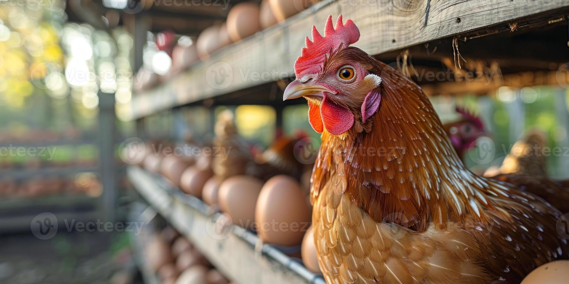 ai generado gallina con Fresco huevos en un granja durante Mañana foto