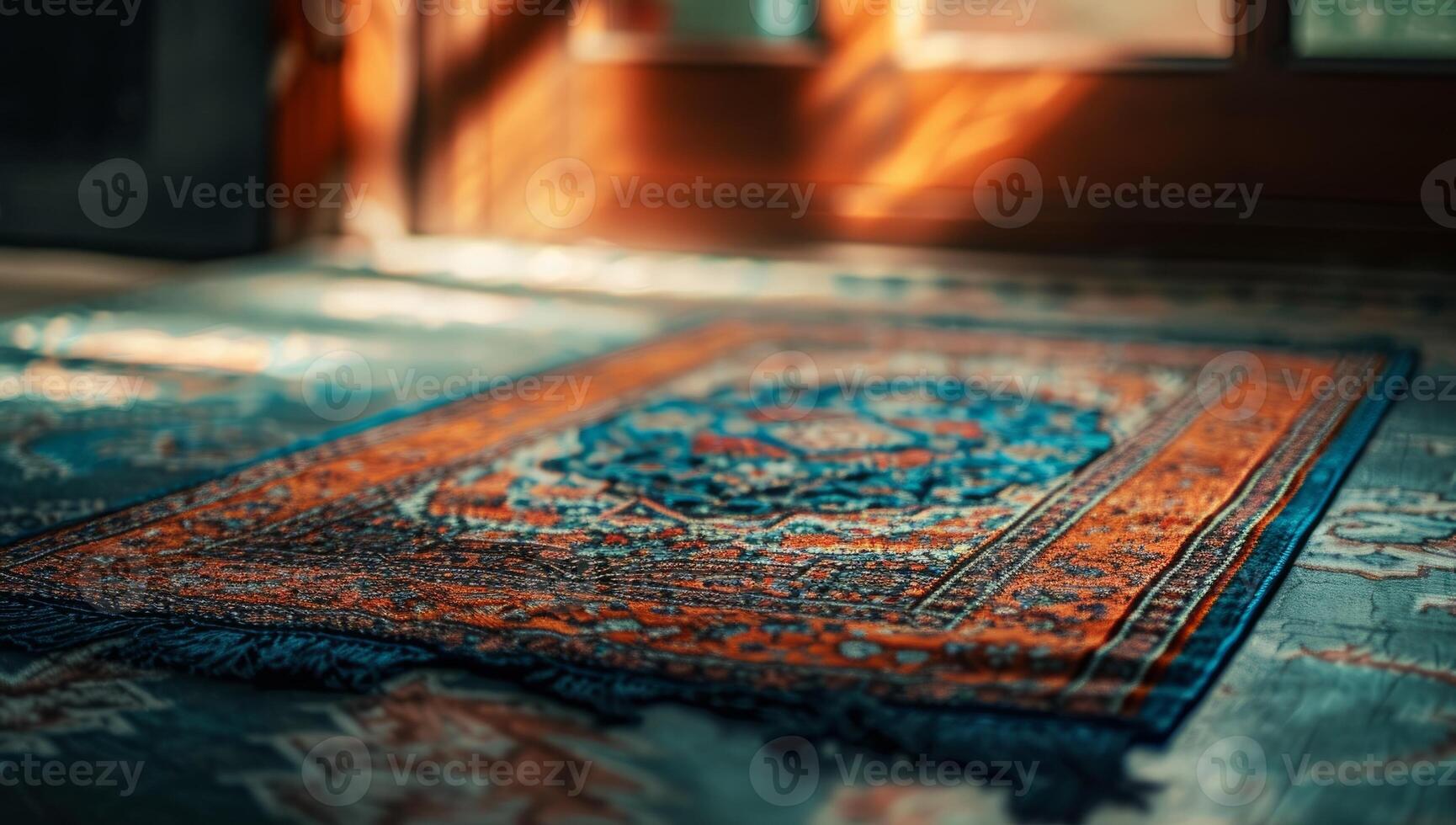 AI generated Ornate vintage Persian rug with intricate patterns in warm tones on wooden floor. Concept of timeless Middle Eastern textile art and craftsmanship. photo