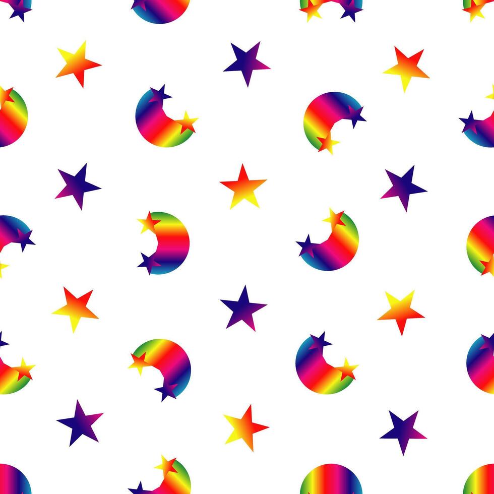 Seamless rainbow pattern of bright stars and rainbows on a white background, vector illustration for design, pattern
