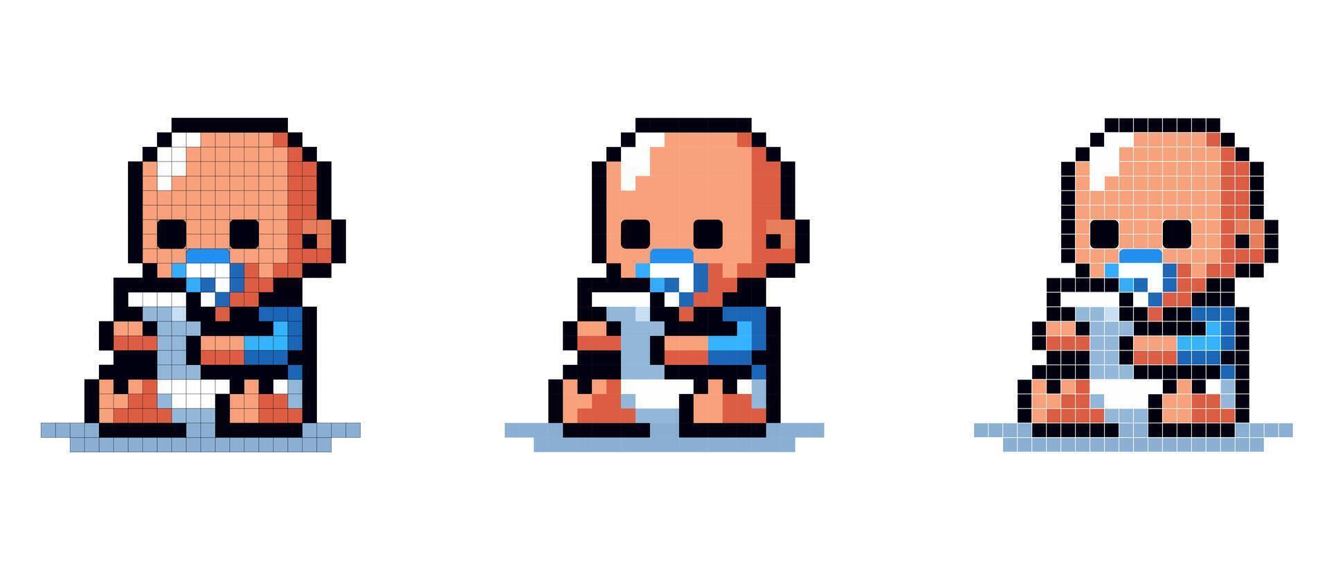 vector pixel art icon of a baby with a pacifier playing with a phone on a white background