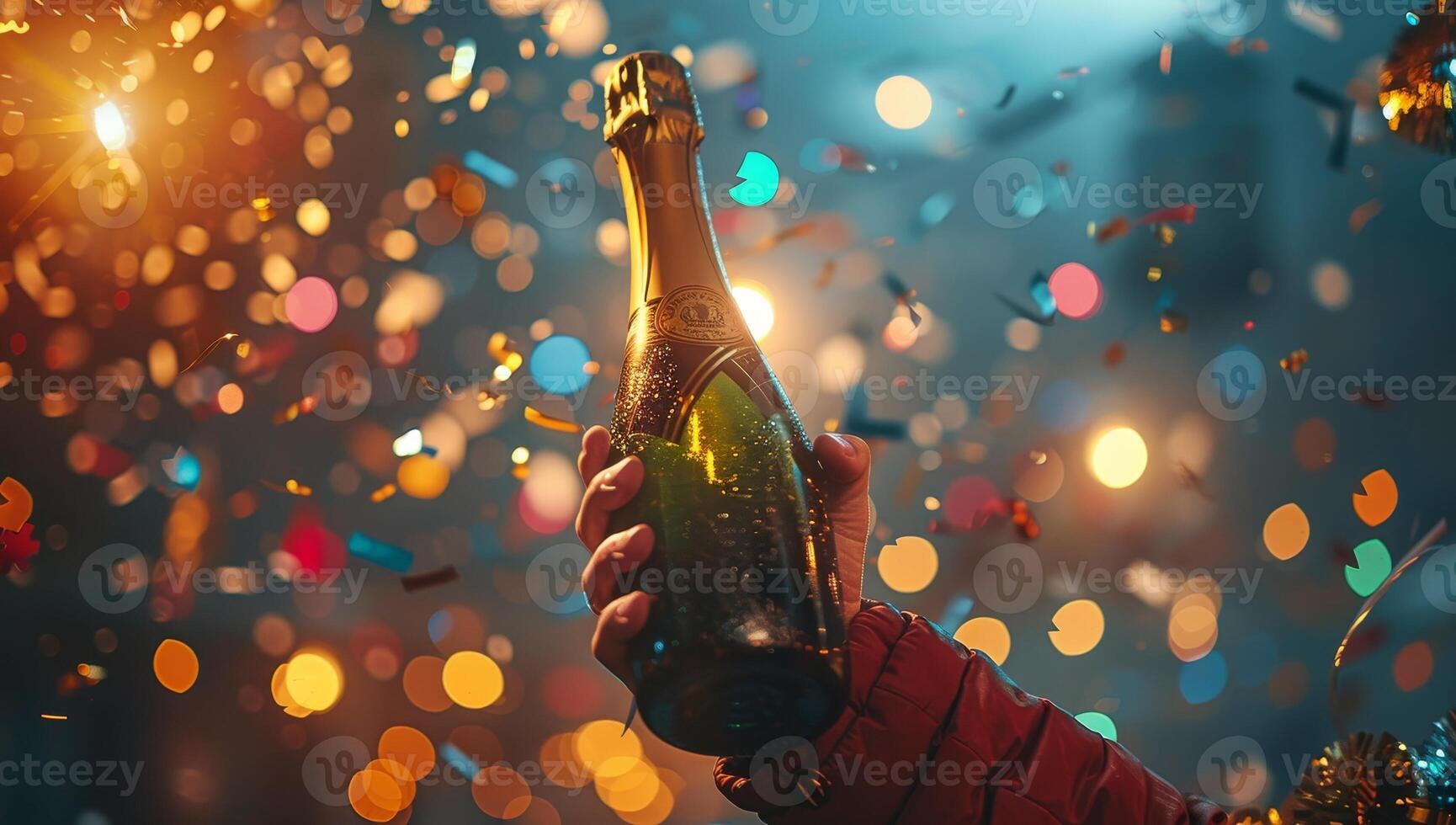 AI generated Celebration, New Year and holidays concept - close up of champagne bottle in hand photo
