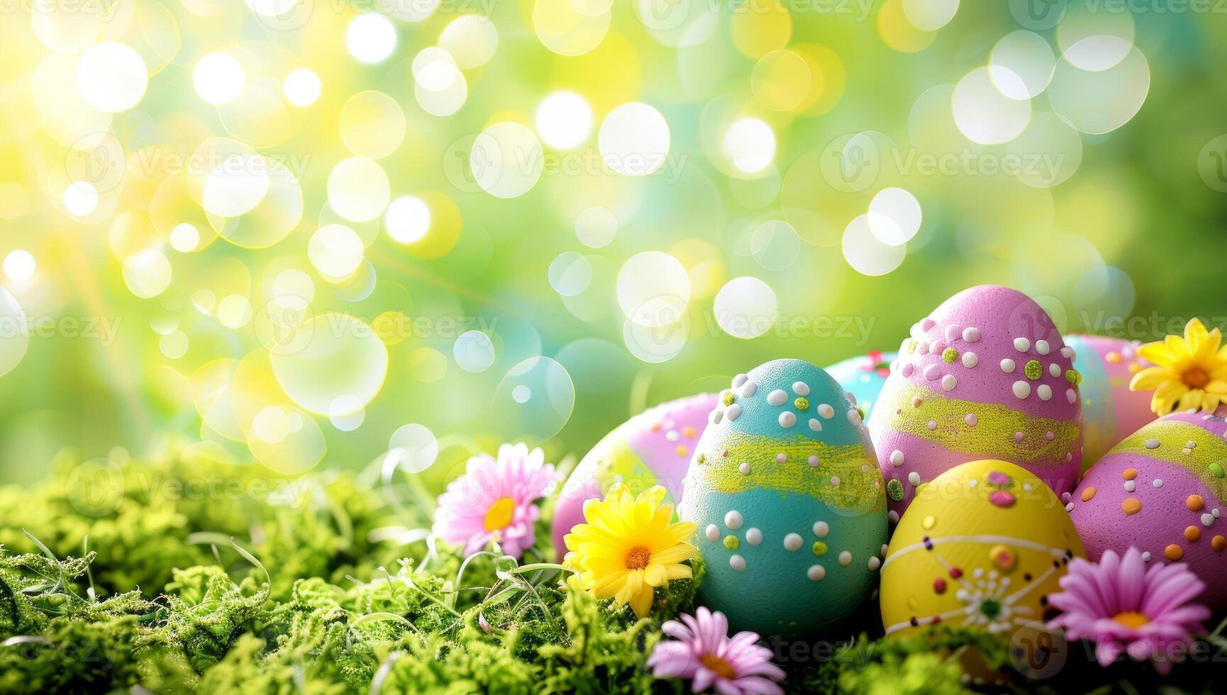 ai generado vistoso Pascua de Resurrección huevos y primavera flores en herboso campo con bokeh antecedentes. concepto de primavera Días festivos y naturalezas renovación foto