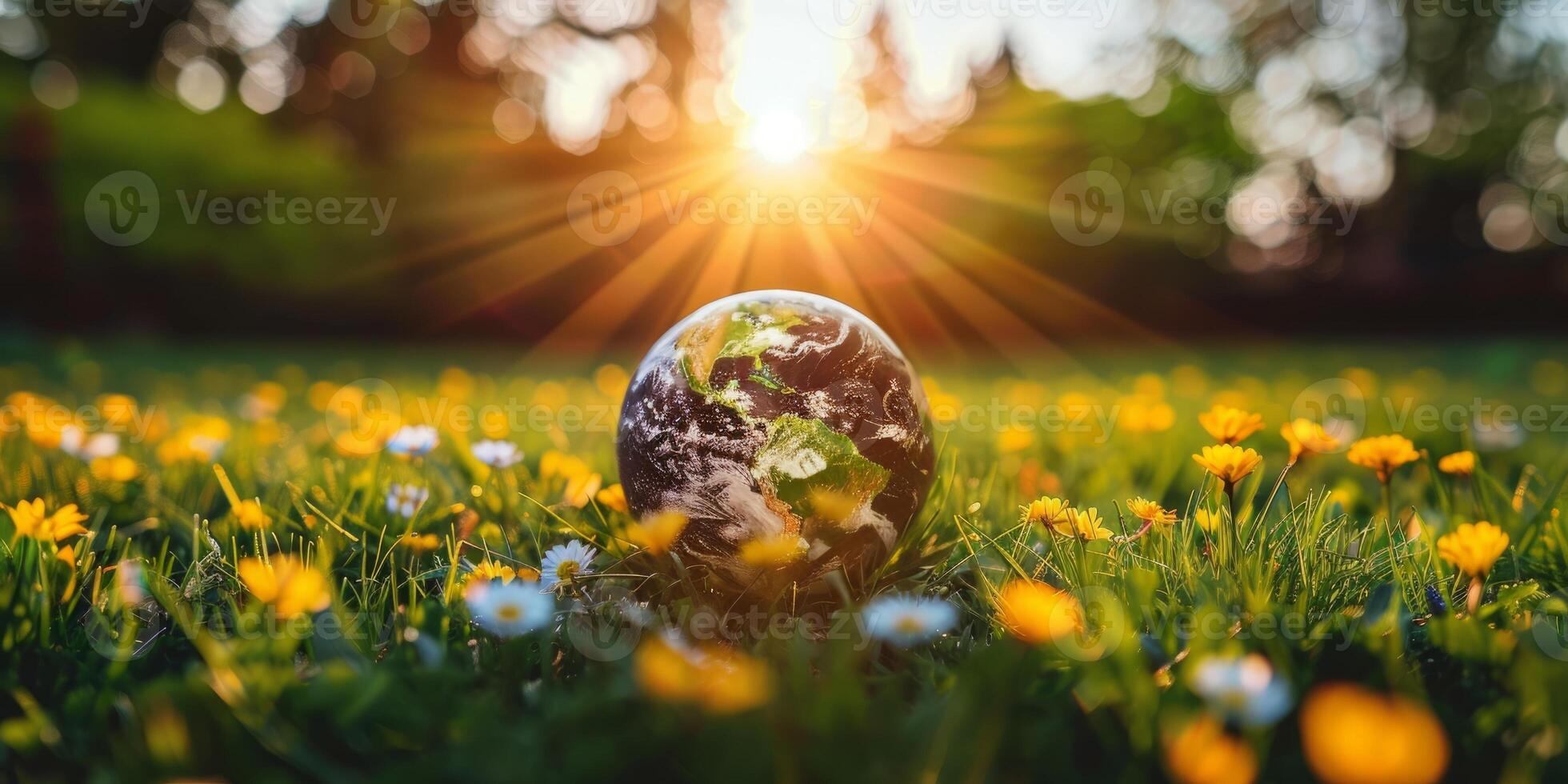 AI generated Close up of planet Earth sitting in a lush green field of grass and flowers with a warm sunset in the background. Earth day concept photo