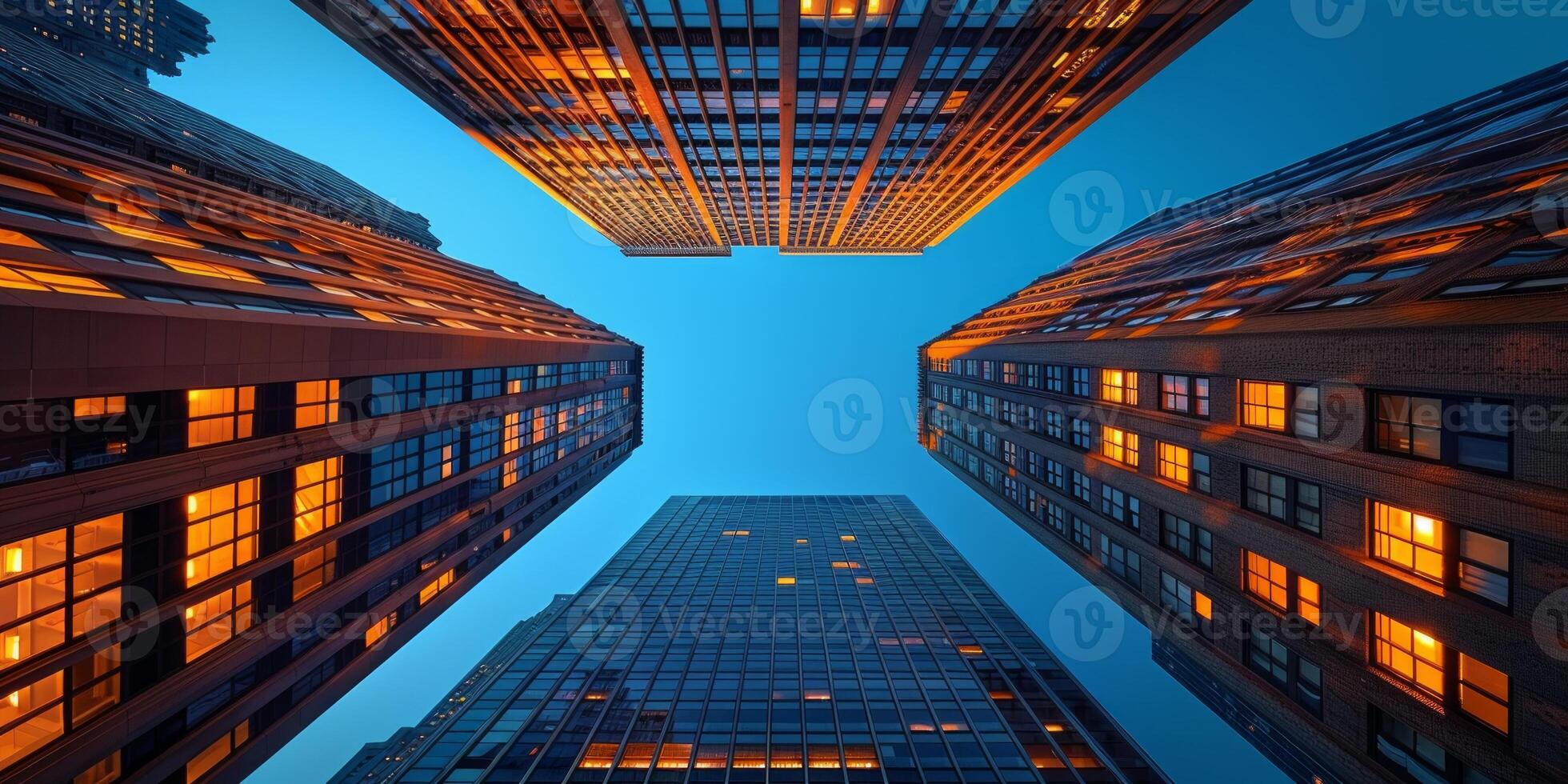 AI generated skyscrapers create a stunning urban canyon view at dusk photo