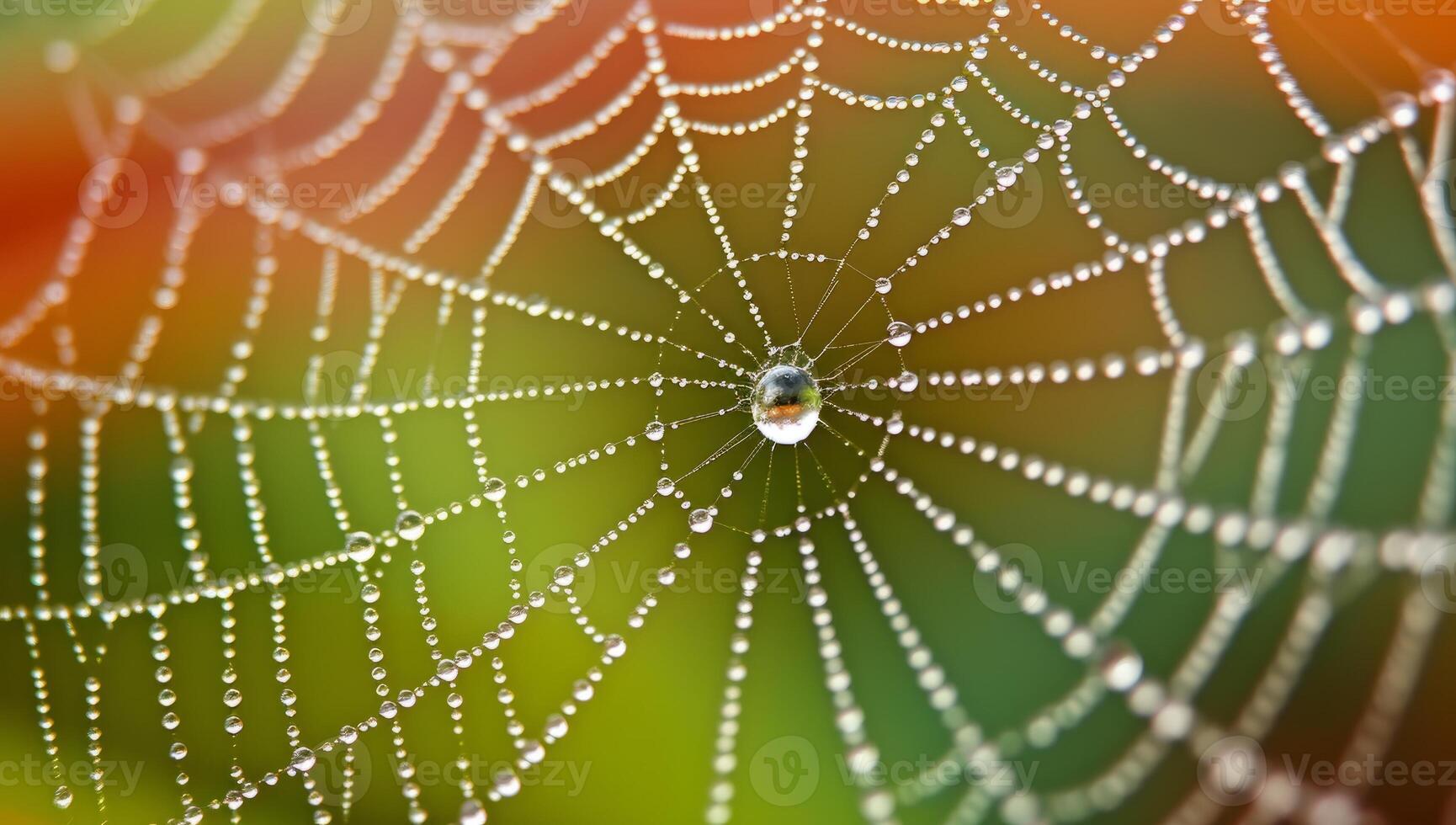 AI generated Intricate spider web with dew drops glistening in morning light. Delicate geometric pattern of silky threads woven by arachnid. Concept of natures artistry and insect architecture. photo