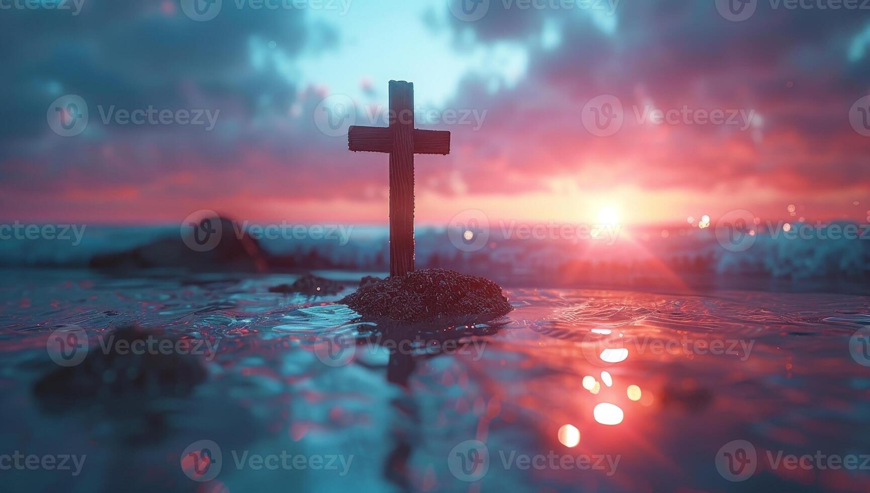 AI generated Cross on the beach at sunset photo