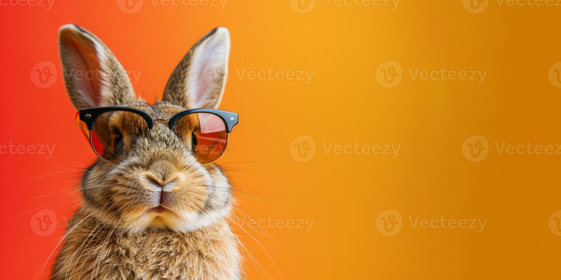 AI generated Easter bunny wearing sunglasses on orange background. Space for text. photo