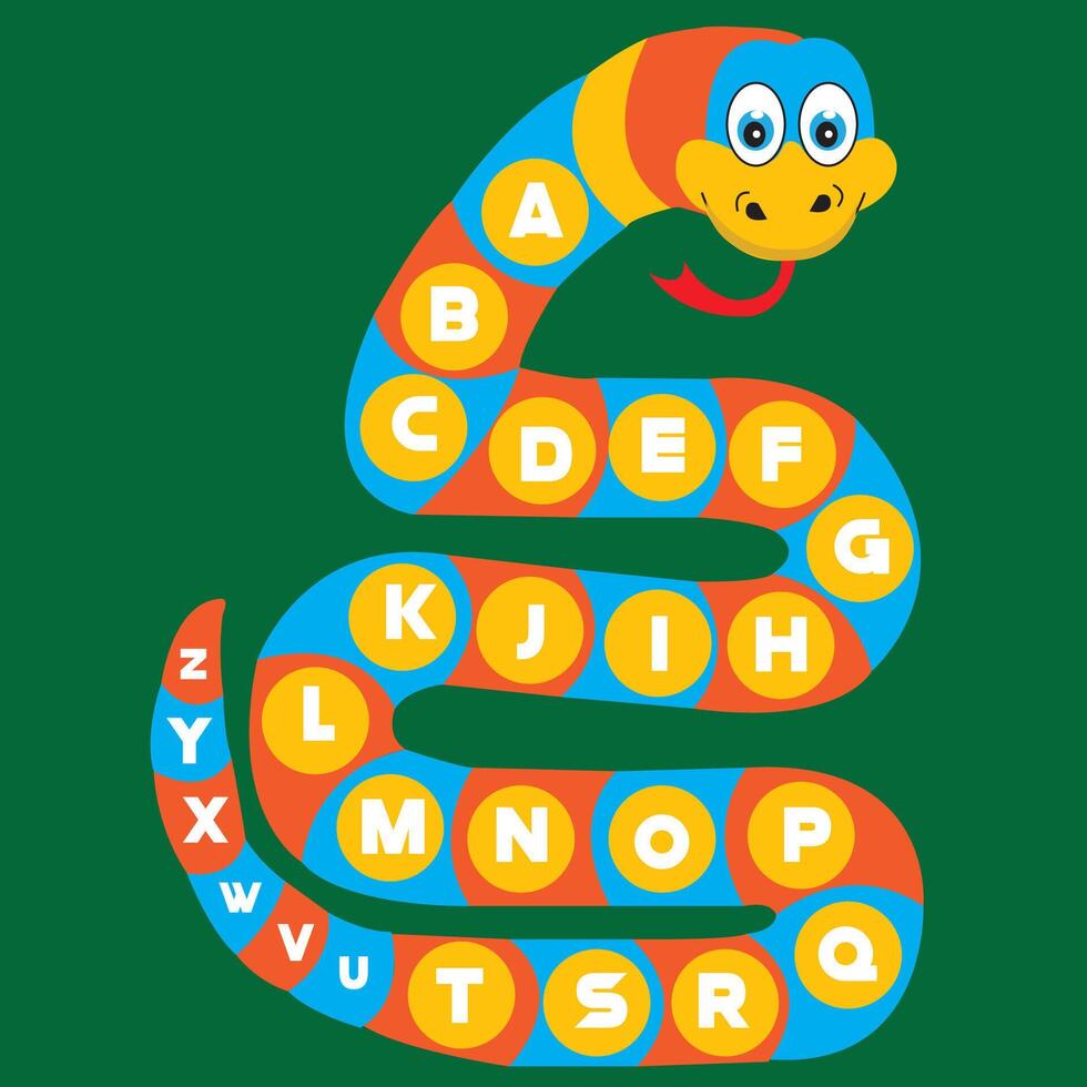 vector ilustración de educativo Inglés alfabeto instalado en un serpiente dibujos animados personaje