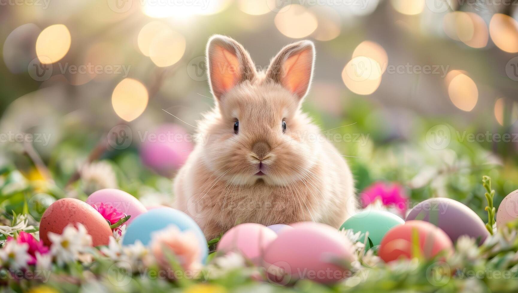 AI generated Cute little bunny with easter eggs in the meadow. photo