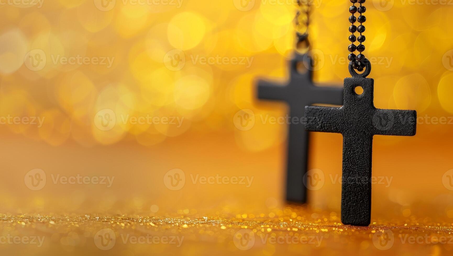 AI generated Black Christian cross on golden bokeh background with copy space. photo