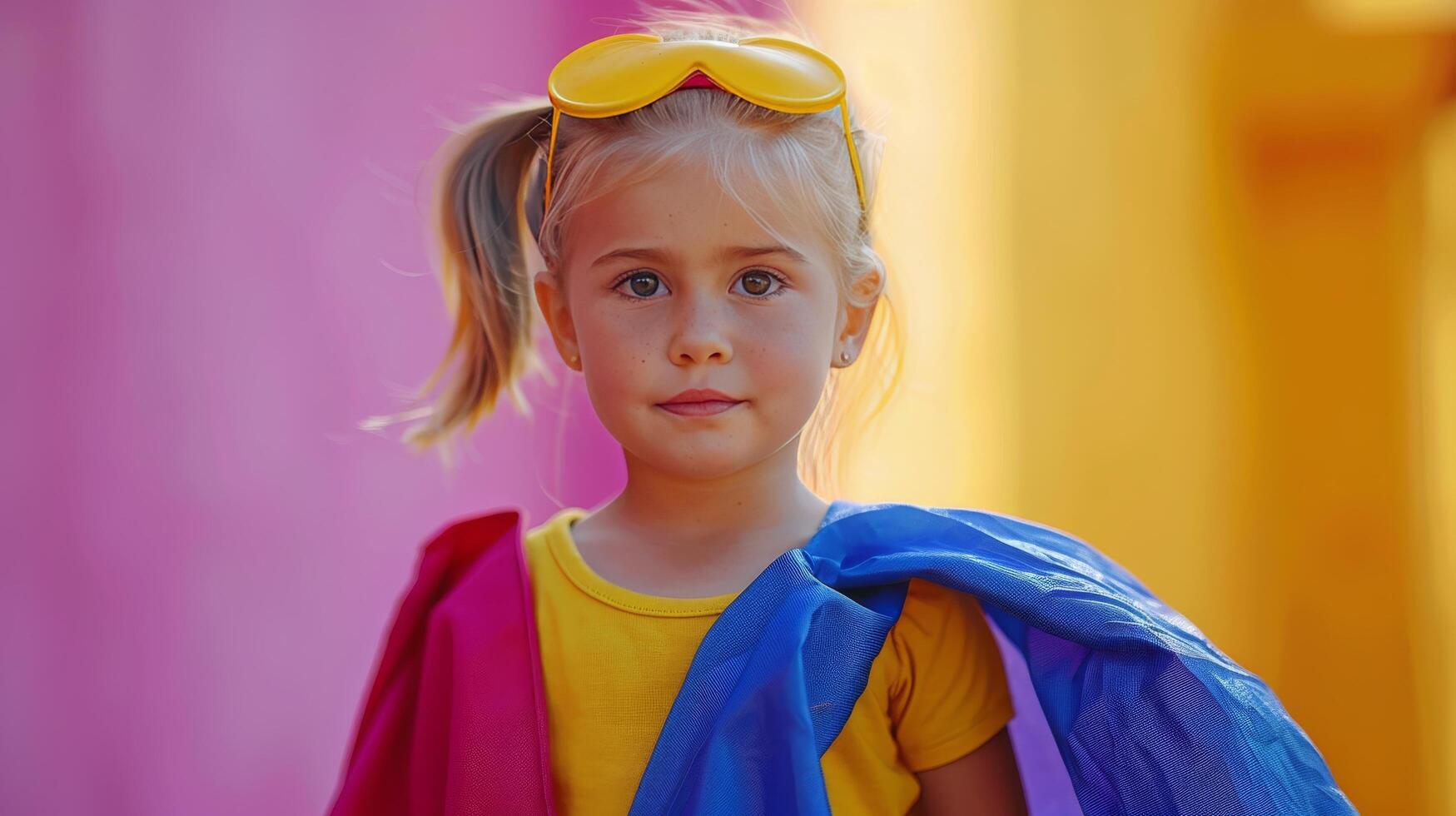 ai generado joven niña en amarillo Gafas de sol propensión en contra pared foto