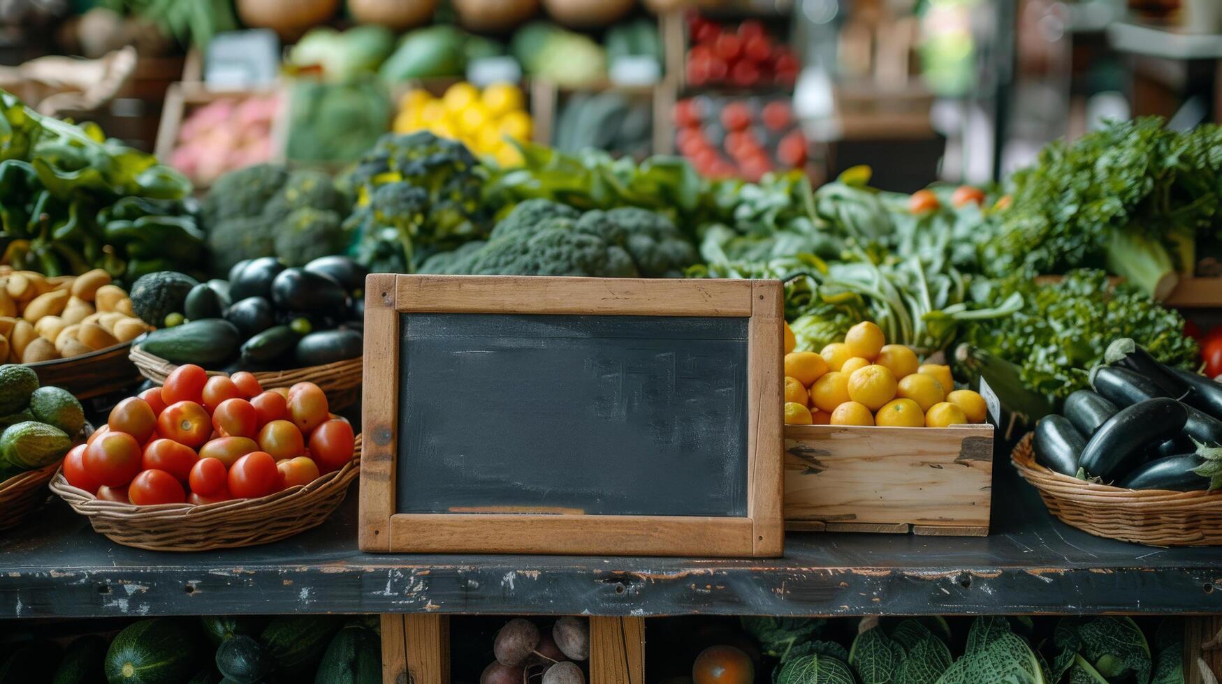 AI generated Table With Chalkboard and Various Vegetables photo