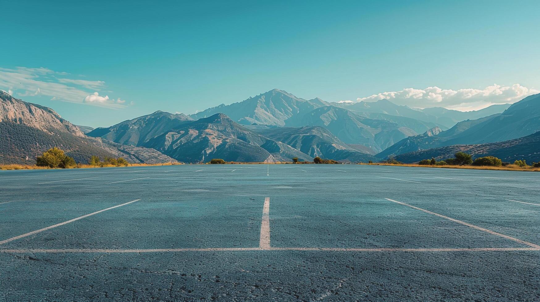 AI generated Empty Parking Lot With Mountains in Background photo