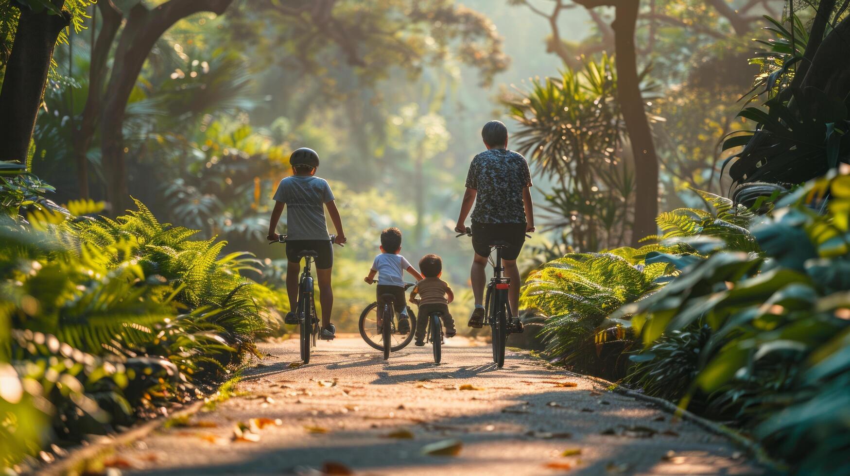 ai generado familia montando bicicletas abajo suciedad la carretera foto