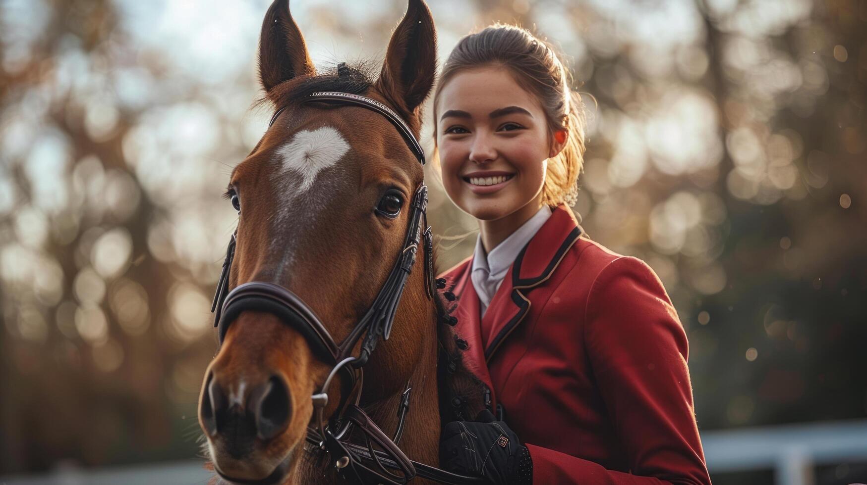 AI generated Woman in Red Jacket Standing Next to Brown Horse photo