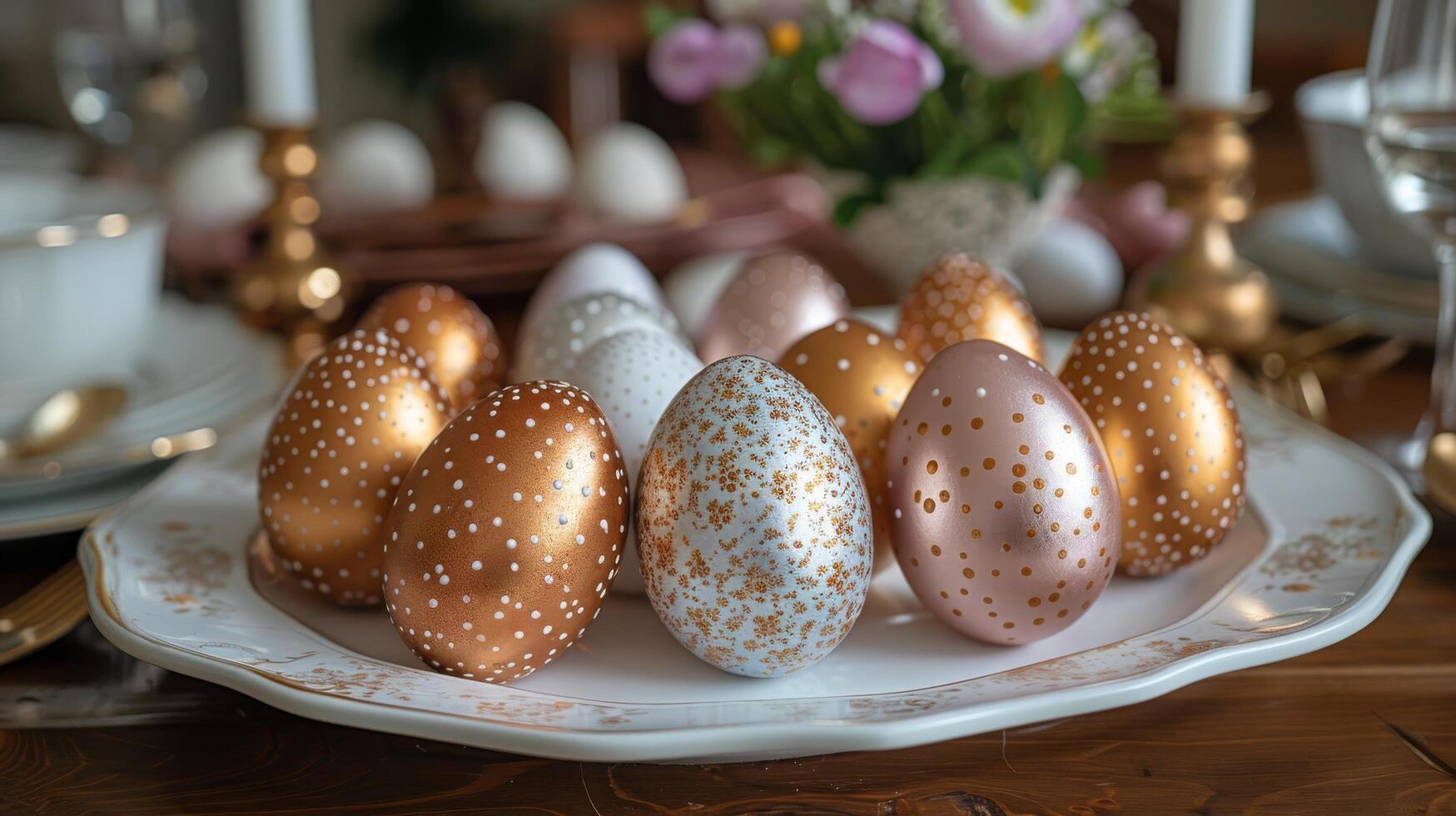 AI generated Table Display With Flower-Filled Vases and Eggs photo